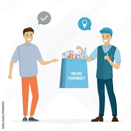 Male courier delivered medicines to client. Caucasian deliveryman holds package of drugs in hand. Online pharmacy. Fast shipping of pills for consumer, internet drugstore.
