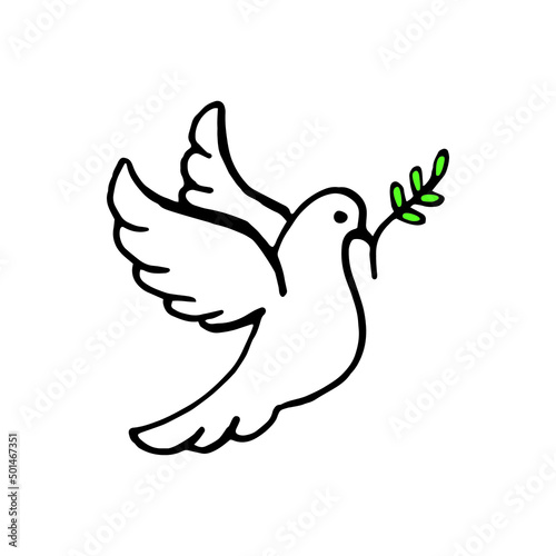Dove of peace doodle set. White pigeon with peace branch. Vector illustration