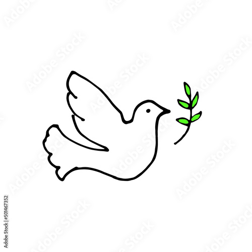 Dove of peace doodle set. White pigeon with peace branch. Vector illustration