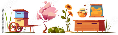 Set of apiary and honey production items, plants and equipment. Isolated beehives, glass jar, blooming tree, sunflowers and honeycombs in wooden frame, isolated Cartoon vector illustration, icons
