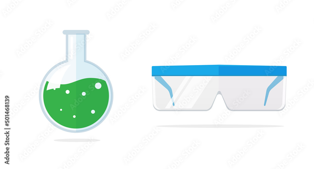 Flask for chemical lab icon vector or glasses goggles safety for eyes protect flat cartoon illustration isolated on white background, pharmacy medical ppe or laboratory glassware modern design image Flask for chemical lab icon vector or glasses goggles safety for eyes protect flat cartoon illustration isolated on white background, pharmacy medical ppe or laboratory glassware modern design image
