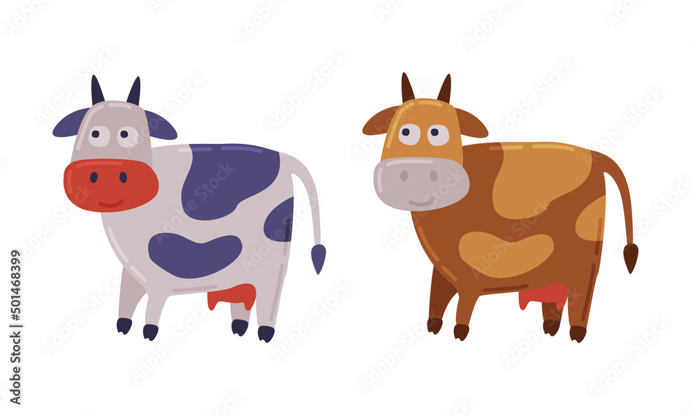 Fototapeta premium Spotted cows farm animal set. Dairy cattle husbandry breeding cartoon vector illustration