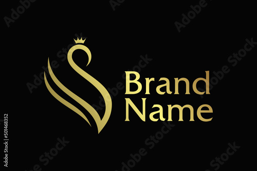 Template of golden crowned swan with initials letter V for logo