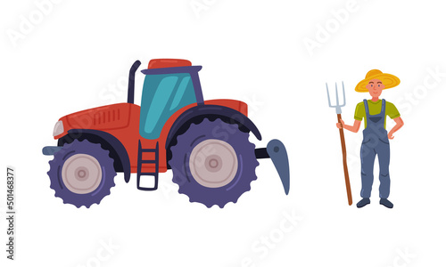 Tractor and farmer with pitchfork. Heavy agricultural machinery and agricultural worker cartoon vector illustration