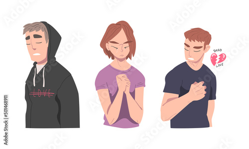 Upset depressed young people with broken heart. Girl and boys feeling sad about relationship problems cartoon vector illustration
