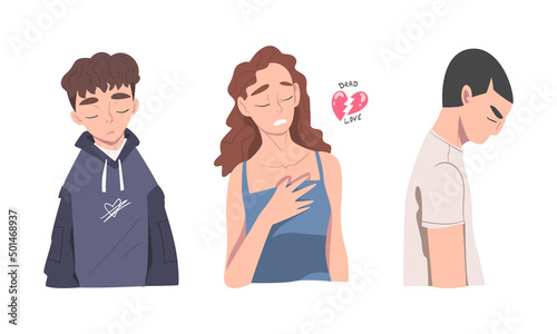 Depressed people with broken heart. Persons feeling sad about relationship problems cartoon vector illustration