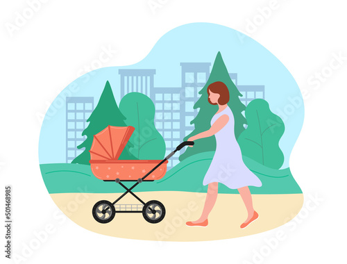 Walk with baby stroller in summer. Woman in dress pushing pram for newborn, carriage for little child. Young mother walking with baby in park. Warm weather. Vector flat illustration