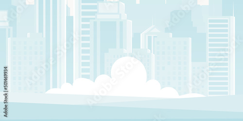 City background in blue tones. Poster or banner with space for your character. Vector illustration in cartoon style.