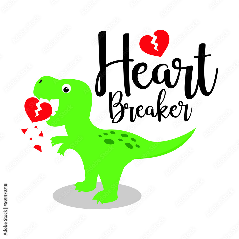 Vector cute green dinosaur crushing heart with heart breaker text Vector cute green dinosaur crushing heart with heart breaker text