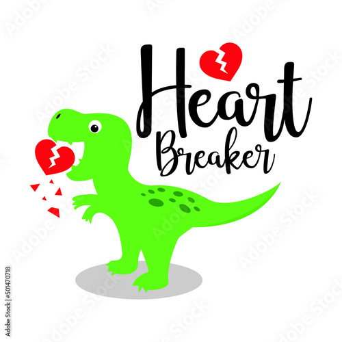 Vector cute green dinosaur crushing heart with heart breaker text