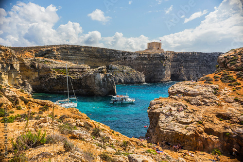 Cliffs and sea view of Comino island, Malta. Seascape at Malta, Comino and Gozo islands