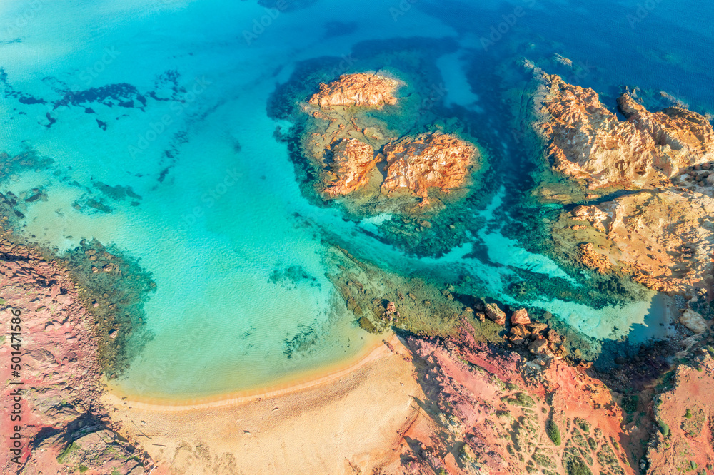 Landscape with aerial view of Cala Pregonda beach, Menorca island, Spain