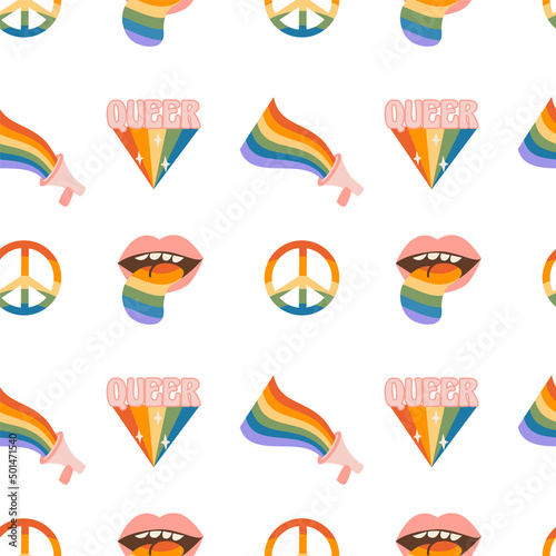 Seamless pattern with rainbow colored peace sign, loudspeaker and queer word with colors of LGBT flag. Retro groovy 60s 70s background design with LGBT symbols pride month and gay parade. Vector.