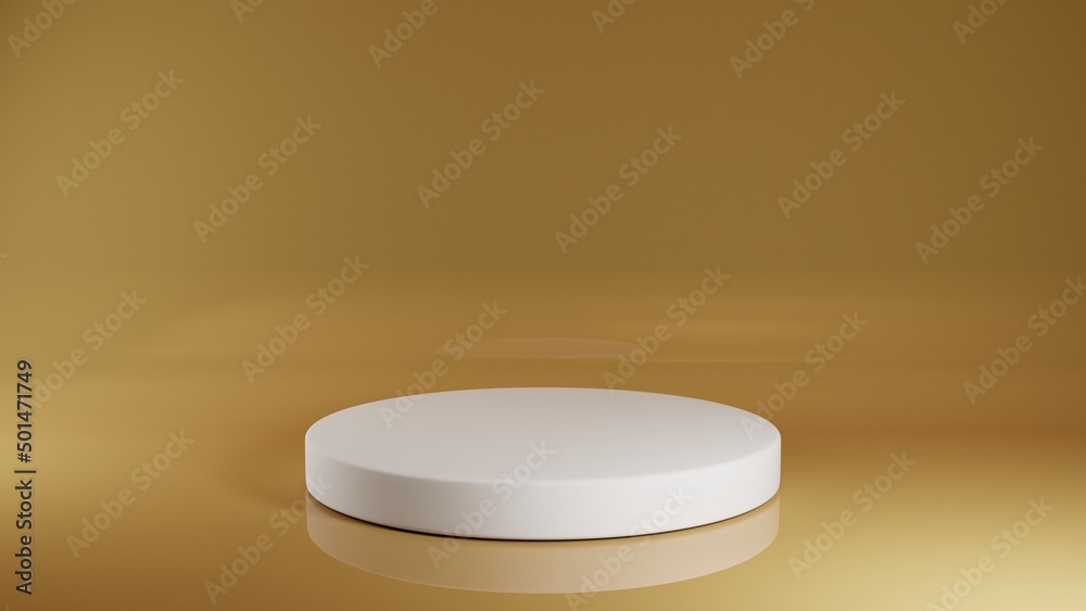 Round platform on the surface. The platform is smooth and white. Background reflective and gold color Round platform on the surface. The platform is smooth and white. Background reflective and gold color