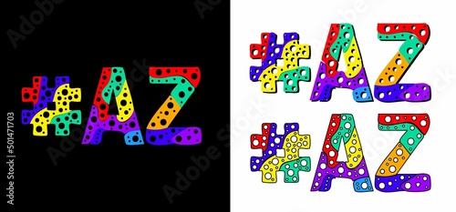 Hashtag #AZ set. Multicolor bright funny cartoon colorful doodle bubble isolated text. Rainbow colors. Hashtag #AZ is abbreviation for the US American state Arizona for print, social network.