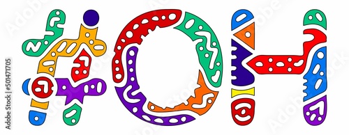OH Hashtag. Multicolored bright isolate curves doodle letters. Hashtag #OH is abbreviation for the US American state Ohio for social network, web resources, mobile apps.