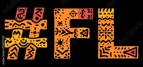 FL Hashtag. Multicolored bright isolate curves doodle letters. Hashtag #FL is abbreviation for the US American state Florida for social network, web resources, mobile apps.