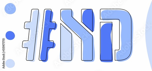 ND Hashtag. Isolate curves doodle letters. Blue colors. Hashtag #ND is abbreviation for the US American North Dakota for social network, web resources, mobile apps.