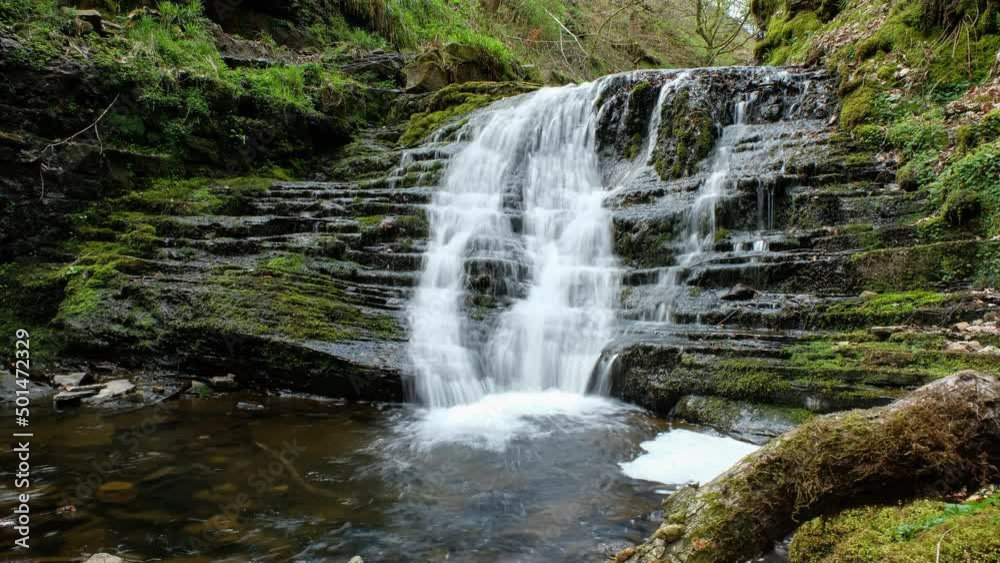Waterfall in forest in the UK. 4k time lapse of water running over rocks, moss and trees. Waterfall in forest in the UK. 4k time lapse of water running over rocks, moss and trees.