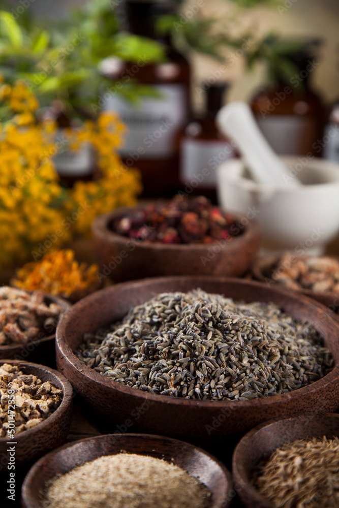 Natural medicine, herbs, mortar on wooden table background