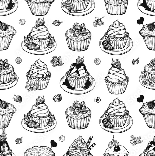 wrapping paper for cupcakes vector drawing. paper cupcake gift wrapper vector. cupcakes with berries seamless pattern vector doodles. cupcakes seamless pattern on white background vector sketch.
