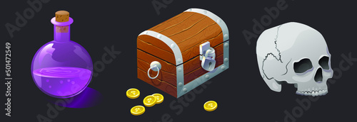 Cartoon pirate icons. Chest with gold coins, skull, magic potion.