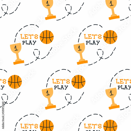 Pattern with a basketball ball and a cup. Basketball concept. Vector illustration .