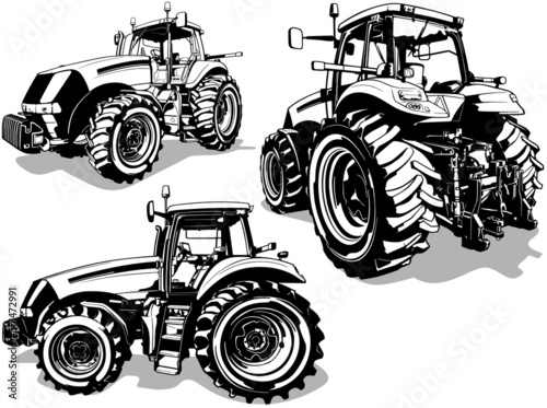 Set of Drawings with Farm Tractor from Different Views - Black Illustrations Isolated on White Background, Vector