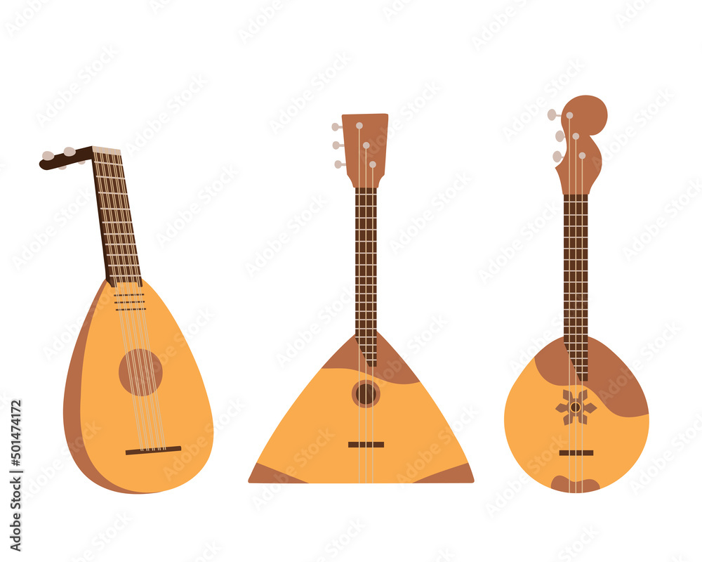 Naklejka premium Stringed musical instruments domra, lute, balalaika. Vector Illustration for printing, backgrounds, packaging, greeting cards, posters, textile and seasonal design. Isolated on white background.