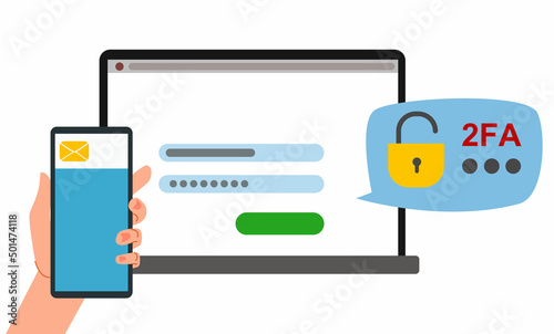 The concept of two-factor authentication security. Notification of login confirmation with a message to the phone. Smartphone in hand. Lock icons in the laptop account. Vector illustration