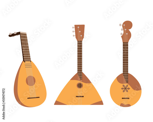 Stringed musical instruments domra, lute, balalaika. Vector Illustration for printing, backgrounds, packaging, greeting cards, posters, textile and seasonal design. Isolated on white background.