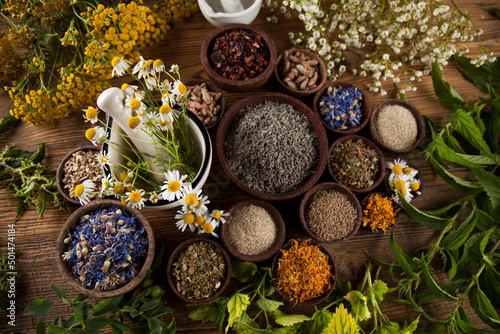 Alternative medicine, dried herbs and mortar on wooden desk background