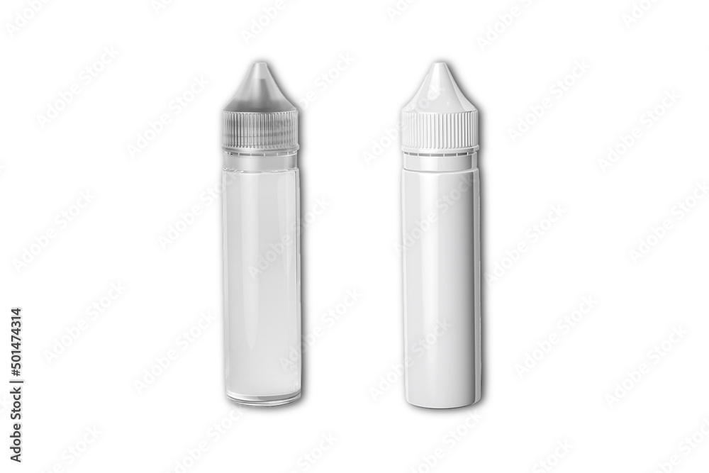 Blank white and transparent plastic Dropper bottle mockup isolated on white background. Vape e-liquid plastic vial template. 3d rendering. Blank white and transparent plastic Dropper bottle mockup isolated on white background. Vape e-liquid plastic vial template. 3d rendering.