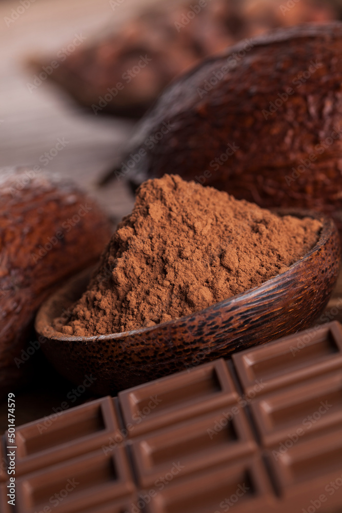 Cocoa pod and chocolate bar and food dessert background Cocoa pod and chocolate bar and food dessert background