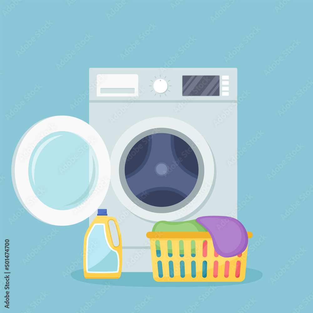 Washing machine with open door, basket with dirty linen, detergent. Vector illustration Washing machine with open door, basket with dirty linen, detergent. Vector illustration