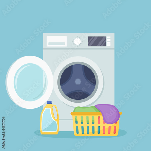 Washing machine with open door, basket with dirty linen, detergent. Vector illustration