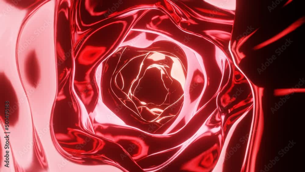 Abstract tunnel of glow red liquid metal or glass with reflections and glare. 3d motion graphic render background