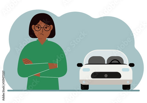 Sad woman next to a beautiful white car. Vector