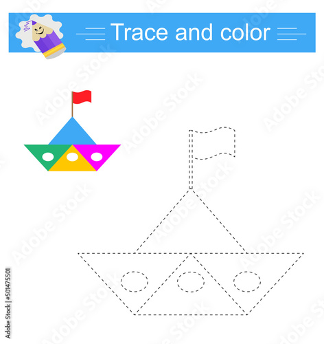 Trace and color for kids, boat vector. Preschool worksheet for practicing fine motor skills. Flat minimal design