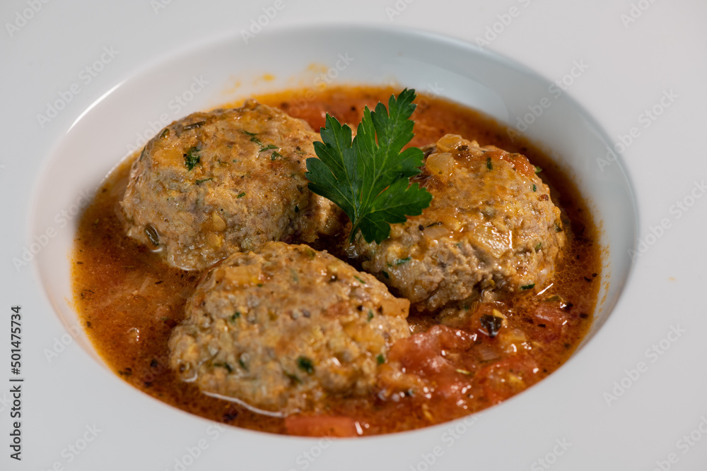 Recipe for meatballs in tomato sauce with hazelnut potatoes. High quality photo Recipe for meatballs in tomato sauce with hazelnut potatoes. High quality photo