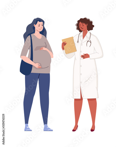 Happy pregnant woman visits gynecologist in hospital or medical clinic to follow her pregnancy. Doctor consults patient and writes out prescription. Concept of gynecology. Vector cartoon illustration.