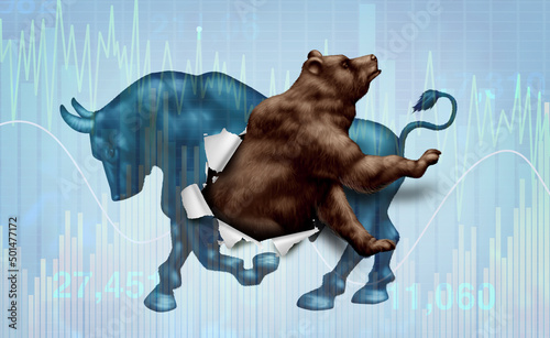 Photo Emerging Bear market correction concept with a bull and bearish stock market  as a metaphor for change in investing sentiment and markets headed towards negative territory