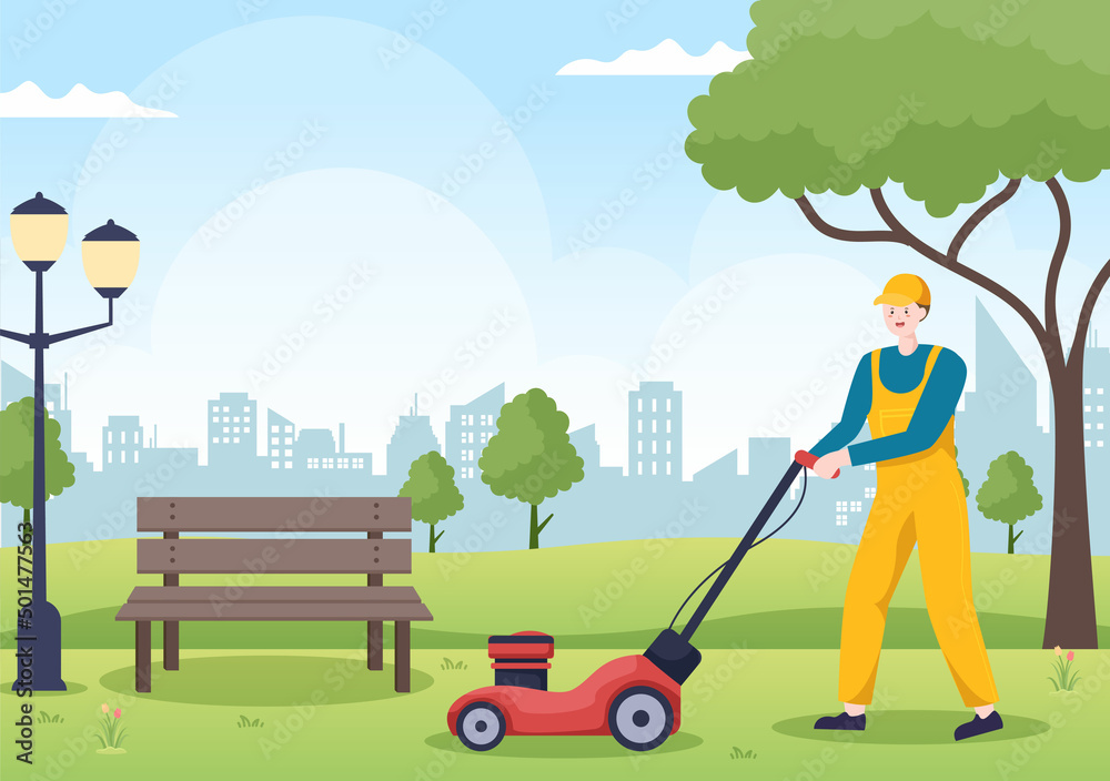 Lawn Mower Cutting Green Grass, Trimming and Care on Page or Garden in Flat Cartoon Illustration Lawn Mower Cutting Green Grass, Trimming and Care on Page or Garden in Flat Cartoon Illustration