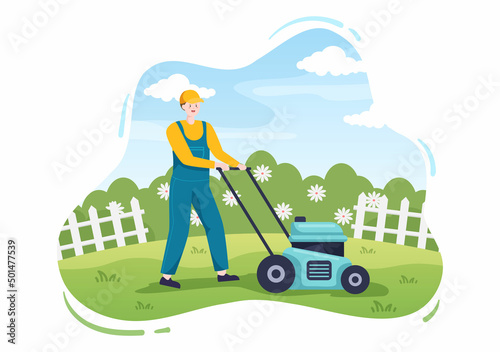 Lawn Mower Cutting Green Grass, Trimming and Care on Page or Garden in Flat Cartoon Illustration