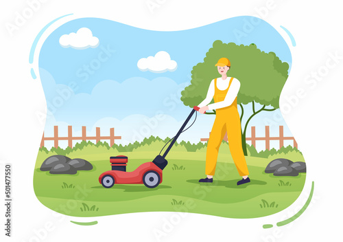 Lawn Mower Cutting Green Grass, Trimming and Care on Page or Garden in Flat Cartoon Illustration