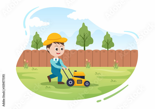Lawn Mower Cutting Green Grass, Trimming and Care on Page or Garden in Flat Cute Cartoon Illustration