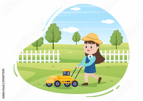 Lawn Mower Cutting Green Grass, Trimming and Care on Page or Garden in Flat Cute Cartoon Illustration