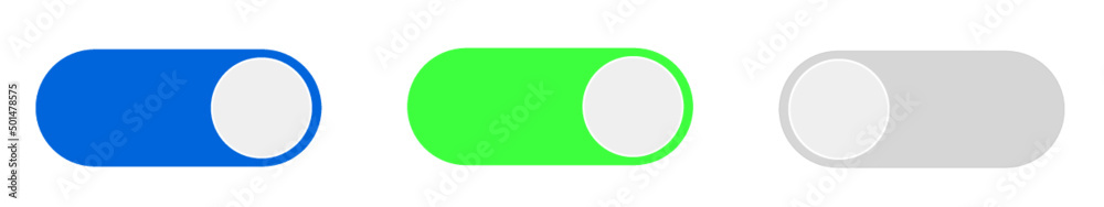 ON OFF toggles switch buttons vector set. Isolated On Off switcher icons. Modern web and mobile app switch button interface elements. Setting toggle icons design. Vector illustration. ON OFF toggles switch buttons vector set. Isolated On Off switcher icons. Modern web and mobile app switch button interface elements. Setting toggle icons design. Vector illustration.