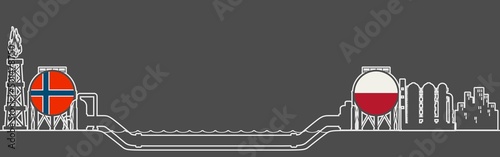 Natural gas underwater transit from Norway to Poland. Gas rig, chemical plant, tank storage and pipe. National flags. Thin line style
