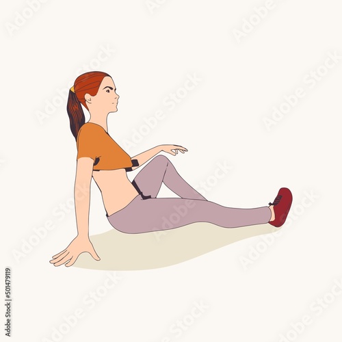 Sitting woman. Sport girl illustration. Casual sportwear - t-shirt, breeches and sneakers. Young woman wearing workout clothes. Sport fashion girl outline in urban casual style.